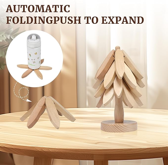 Tree Shape Wooden Trivets for Hot Dishes，4 Wooden Trivets + 1 Stand stored Like a Christmas Tree，for Easy Storage，Multifunctional Ornaments (Beech)