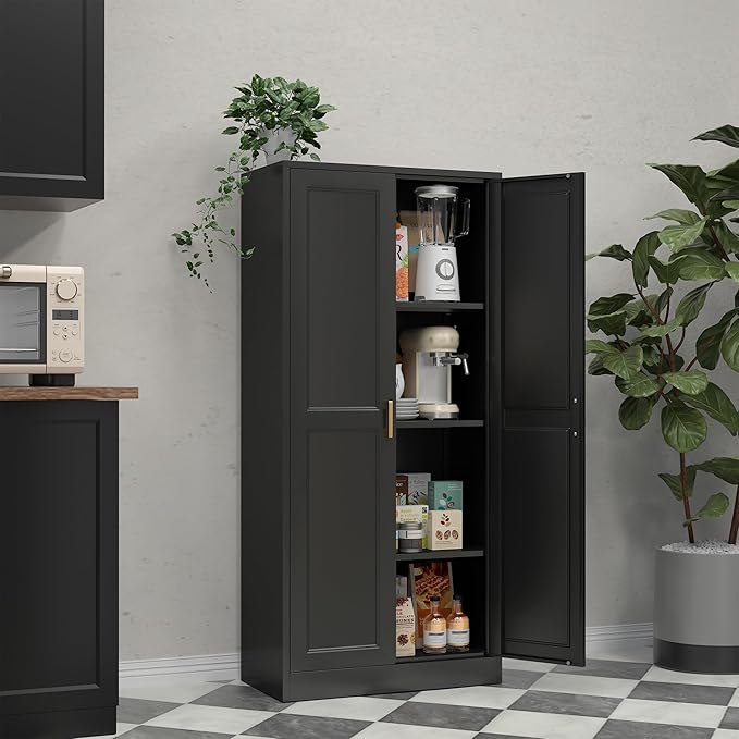 60" Tall Kitchen Storage Cabinet with 2 Doors, Metal Kitchen Pantry Cabinets with 3 Adjustable Shelves, Black Freestanding Food Cabinet, Large Cupboard for Office, Dining, Living Room,Hallway