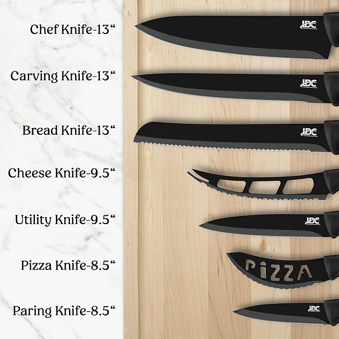 LDC Kitchen Black Knife Set - Stainless Steel, Dishwasher Safe Ergonomic Knives Set with Anti-Slip Handles - Ultra-Sharp Blades - Kitchen Essential Knives - 7 Piece Set