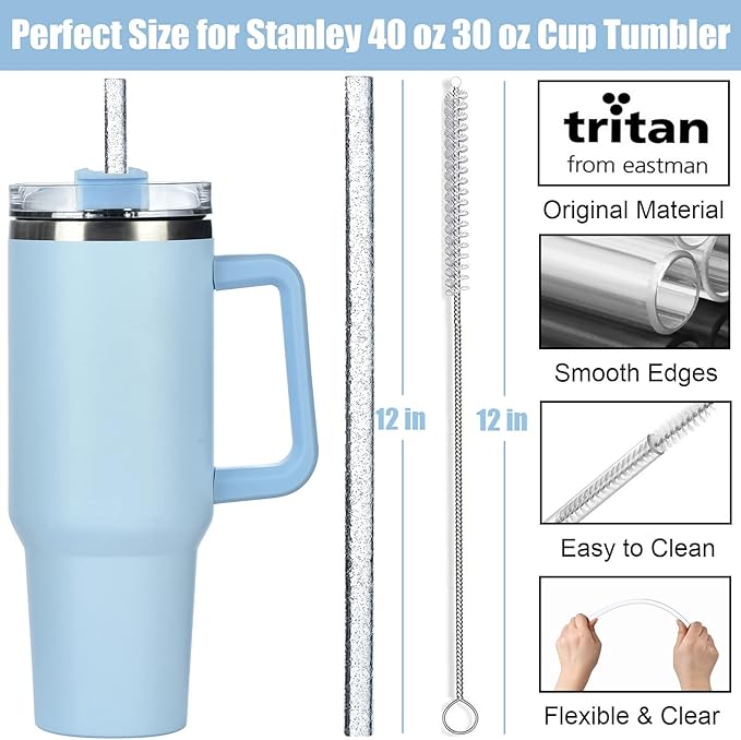 ALINK 10 Pack Color Replacement Straws for Stanley 40 oz 30 oz Tumbler, 12 in Long Reusable Plastic Glitter Straws for Stanley Cup Accessories, Half Gallon Jug, Plus 2 Cleaning Brush