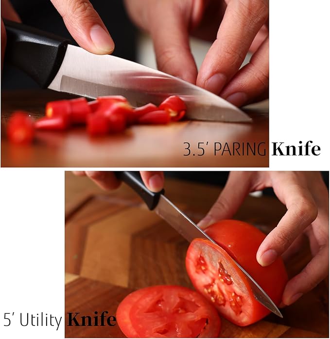 Black Knife Set with Wooden Block, 7 Pieces Sharp Knife Block Set with Stainless Steel Blade Ergonomic Handle, Dishwasher Safe Knives Set