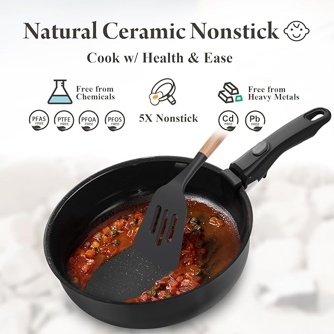 Ceramic Nonstick Cookware Set, Healthy,Non Toxic,17-Pieces Pots and Pans Set Removable Handles,Induction RV Kitchen Set,Stain & Scratch-resistant,Dishwasher/Oven Safe,PFAS/PFOA Free,Black
