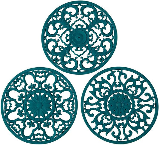 Extra Thick Silicone Trivet Mat for Hot Dishes, Hot Pots and Pans, Pot Holder, Hot Pad to Portect Your Table and Countertop, Kitchen Decor and Accessories,Teal, Set of 3