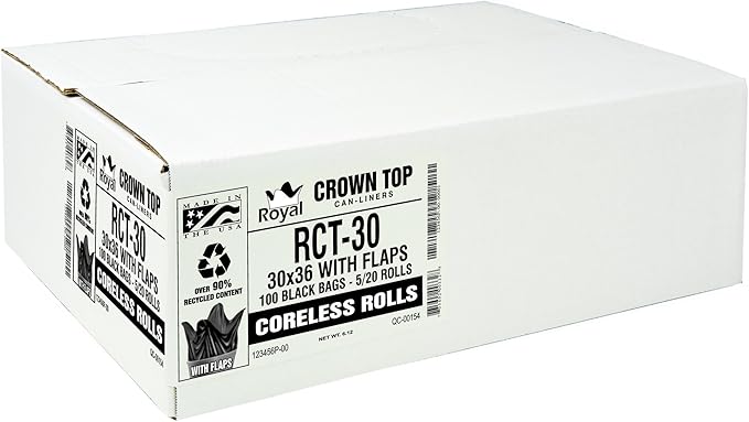 Aluf Plastics RCT-30 Star Sealed Coreless Rolls with E-Z Tie Flap Closure, 30 gal, Polyethylene, 30" x 36", Black (Pack of 100)