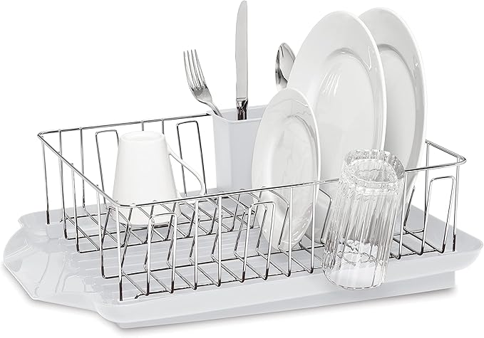 Farberware Classic Large Rust Resistant Full Dishrack with Removable 3 Compartment Flatware Caddy, Andlged Drain Board, 3-Piece, White