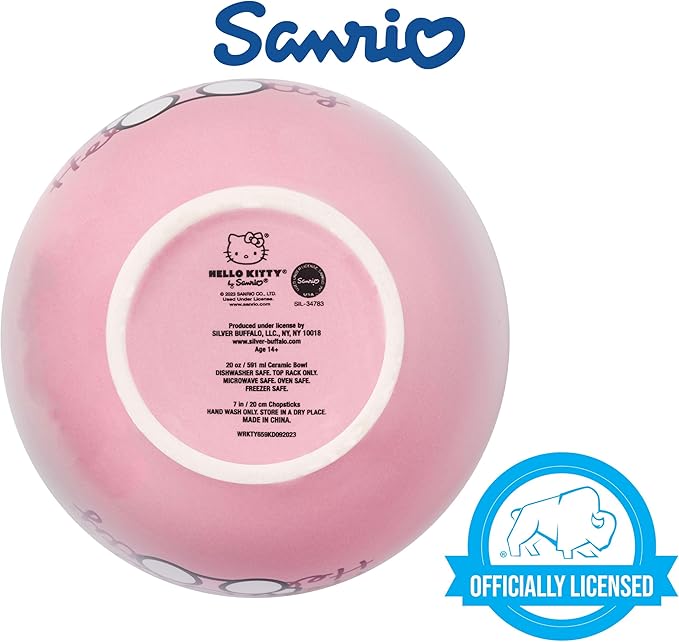 Silver Buffalo Sanrio Hello Kitty Waving Pink Ceramic Ramen Noodle Rice Bowl with Chopsticks, Microwave Safe, 20 Ounces,