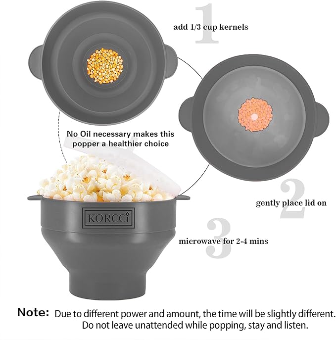 The Original Korcci Microwaveable Silicone Popcorn Popper, Microwave Popcorn Popper, Collapsible Microwave Popcorn Maker Bowl, No Oil Needed, Use In Microwave, Dishwasher Safe (Grey)