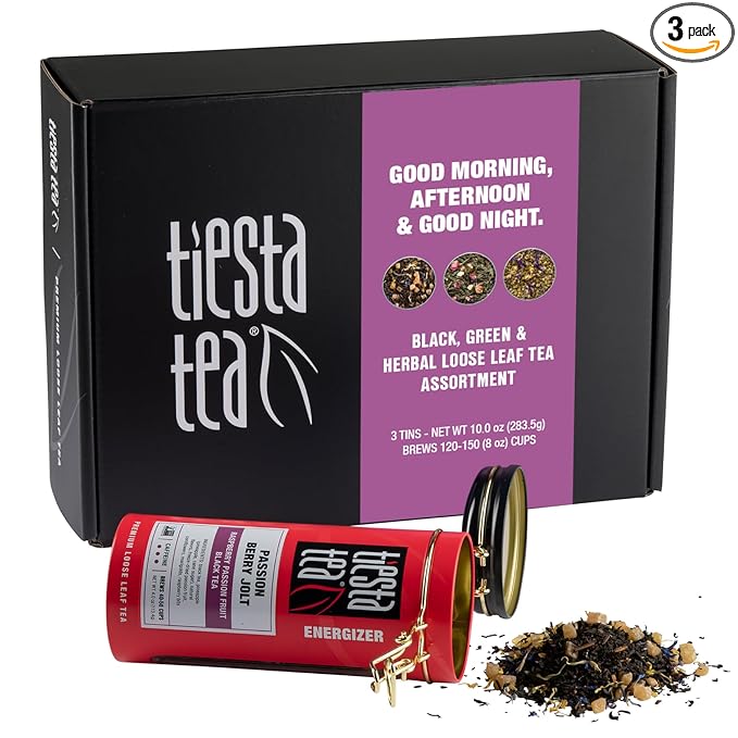 Tiesta Tea - Tea Tin Gift Box, Loose Leaf, High to Non Caffeinated Variety Pack, Make Hot & Iced, 3 Tins of Assorted Blends, Passion Berry Jolt, Fruity Paradise and Lavender Chamomile