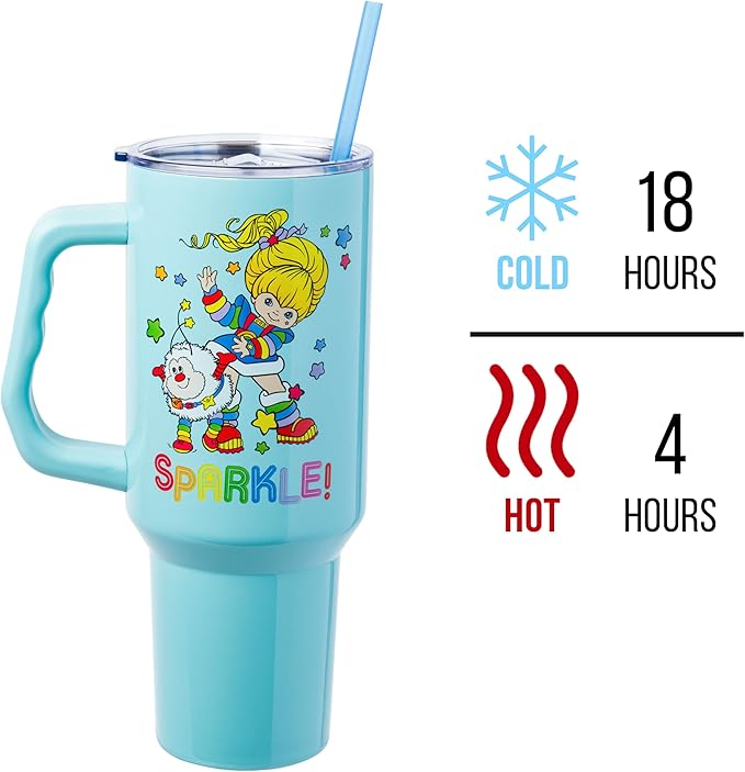 Silver Buffalo Rainbow Brite and Twink Sparkle Stainless Steel Tumbler with Handle and Straw, Fits in Standard Cup Holder, 40 Ounces