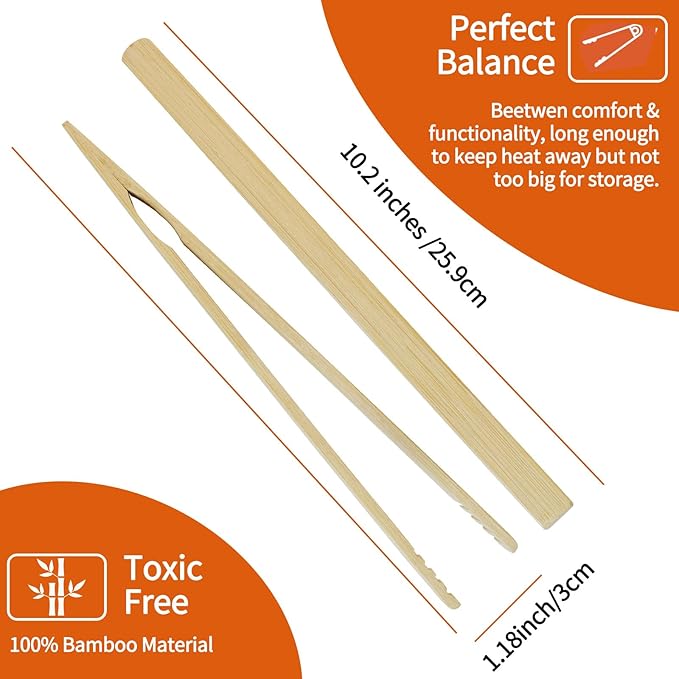2 Pieces Natural Bamboo Toast Tongs, bamboo tongs,10.2 Inches Long Tongs with Anti-slip Design,for Toaster,Fruits, Bread & Pickles, Kitchen Utensil, Salad, Pasta, Grilling, BBQ