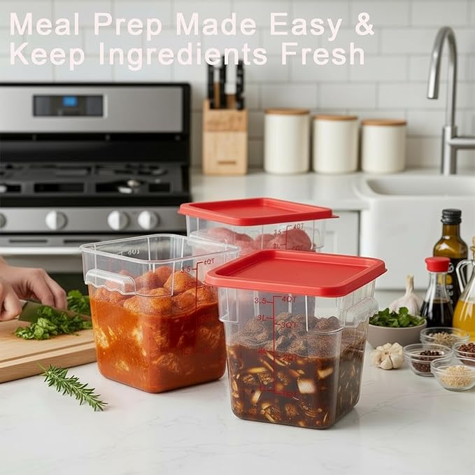 4 Pack 4QT Food Storage Containers with Red Lids, Clear Square Commercial Food Grade Storage Containers with Handles and Scales, BPA-Free Airtight Restaurant Container for Sourdough, Marinating Meat