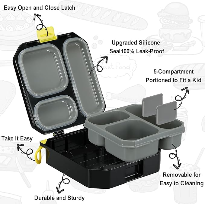 Itslife Bento Lunch Box Set for Kids with 12oz Soup Thermo&Lunch Bag, Leak-Proof Lunch Food Containers for Kids School, 5 Compartment, Sauce Cup, 10 Notes (Gaming Black)