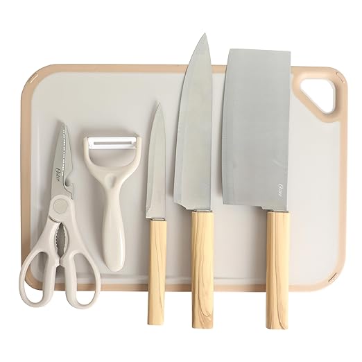 Oster Huntingfield 6 Piece Knife Set - Olive Wood Stainless Steel Chef Knife, Cleaver, Pairing Knive, Kitchen Shear, Peeler and PP Cutting Board