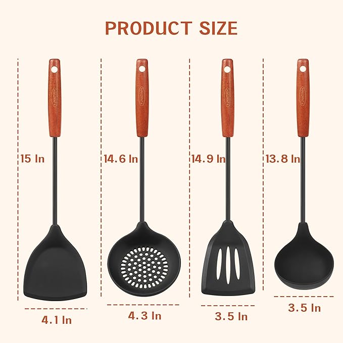 FJNATINH Silicone Wok Spatula,Turner,Ladle,Skimmer Set,Wok Tools, Wok Utensil,Non Stick Heat-Resistant Stainless Steel Cooking Utensils BPA Free Kitchen Utensils Cookware, Pack of 4,Black
