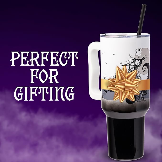 Silver Buffalo Disney Nightmare Before Christmas by Tim Burton Jack Skellington Hill and Moon Stainless Steel Tumbler with Handle and Straw, Fits in Standard Cup Holder, 40 Ounces