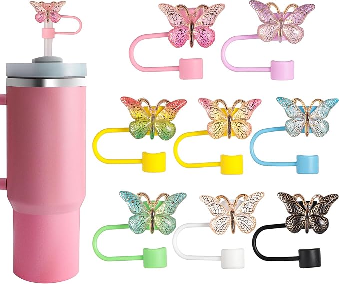 8 PCS Butterfly Straw Cover, Straw Toppers for Stanley 30&40 Oz Tumbler, Cute Straw Caps in Various Shapes Silicone Straw Covers Cap for 0.4 Inch/10 mm Straw Tips