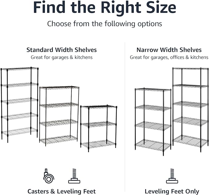 Amazon Basics 5-Shelf Adjustable, Heavy Duty Storage Shelving Unit on 4'' Wheel Casters, Metal Organizer Wire Rack, 30" L x 14" W x 64.75" H, Black