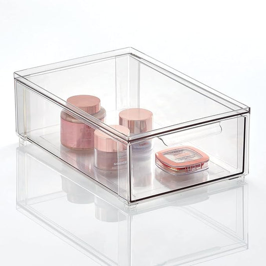 mDesign Plastic Stackable Bathroom Storage Organizer Bin Containers with Front Pull Drawer for Bathroom Countertop, Vanity, Closet Shelves - Holder for Beauty Accessories - Lumiere Collection - Clear
