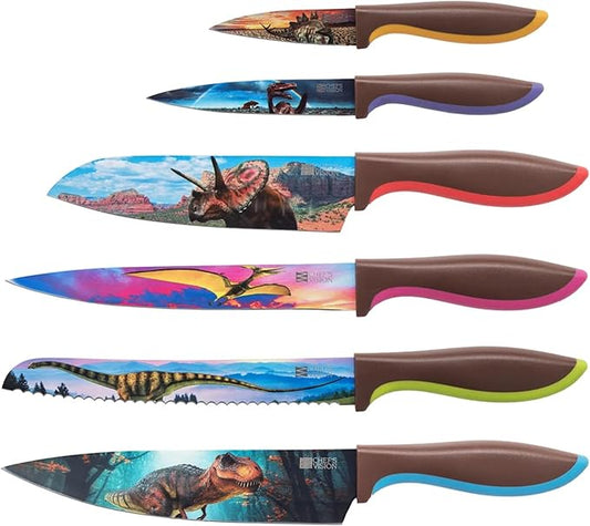 CHEF'S VISION Jurassic Knife Set - 6-Piece Stainless Steel Cutting Knives Set for Kitchen - Stunning Dinosaur Designs, Great Gift for Women or Men - Unique Kitchen Knife Set Gift