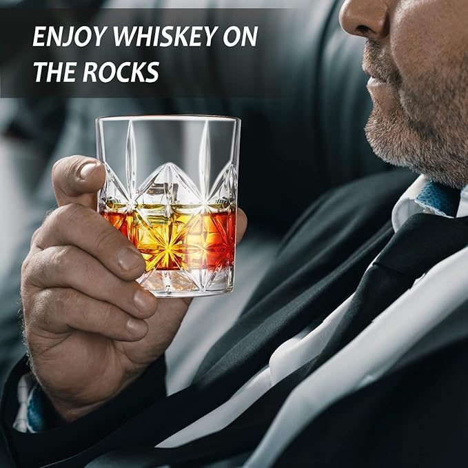 Whiskey Glass, Whiskey Glass Set of 4, Veecom 10 oz Thick Bottom Old Fashioned Whiskey Glasses for Men, Premium Whiskey Gifts for Bourbon, Scotch, Cocktail(Glass Set 4)