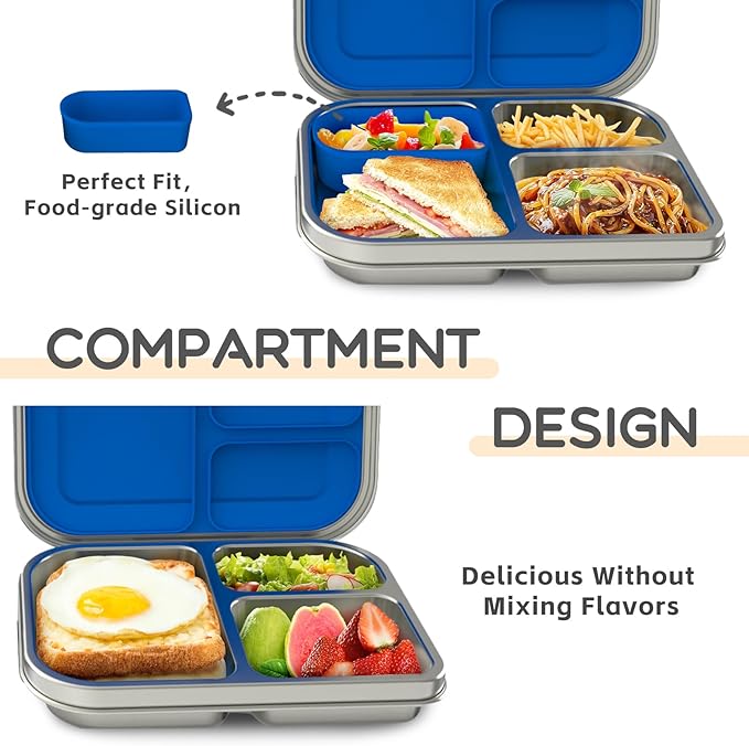 Stainless Steel Kids Leak-Resistant Bento Lunch Box, 3-Compartments with Silicone Container, Dishwasher-Safe, Child-Friendly Design for School, Picnics & Travel,BPA-Free (Blue)