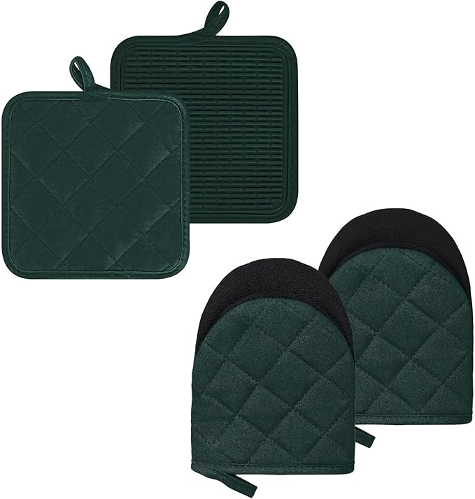 Oven Mitts and Pot Holders Set, Pack of 4, Heat Resistant Silicone Kitchen Mini Oven Mittens for 500 Degrees, Mini Oven Gloves and Hot Pads for Baking Grilling Barbecue Microwave Machine Washable