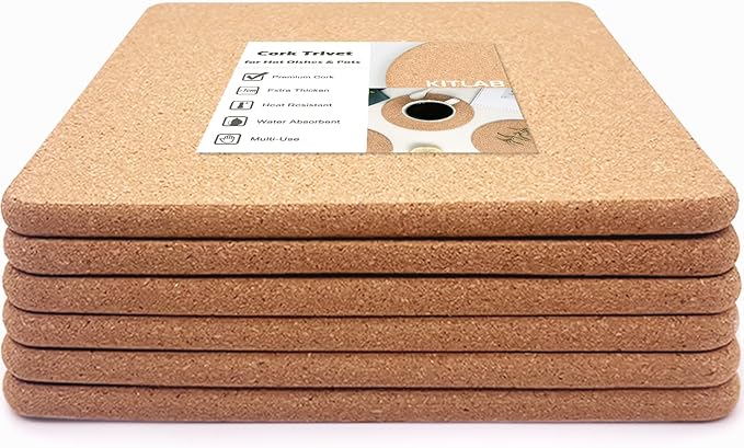 Cork Trivet, 6 Pcs High Density Thick Square Trivets for Hot Dishes, 8 Inch Heat Resistant Multifunctional Coaster, Hot Pads for Table & Countertop