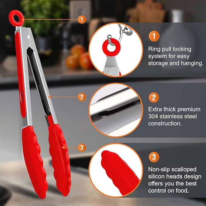 Premium Stainless Steel Heat Resistant Kitchen Tongs for cooking,set of 9" and 12" (Red),Non Scratch Silicone cooking Tong Tip for Cooking Pans,Strong Grip BBQ tongs for Grabbing Hot Food