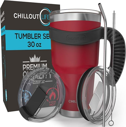 Stainless Steel Travel Mug with Handle 30 oz - 6 Piece Set. Tumbler with Handle, Straw, Cleaning Brush & 2 Lids. Double Wall Insulated Large Coffee Mug Bundle - Cherry Red Powder Coat Tumbler
