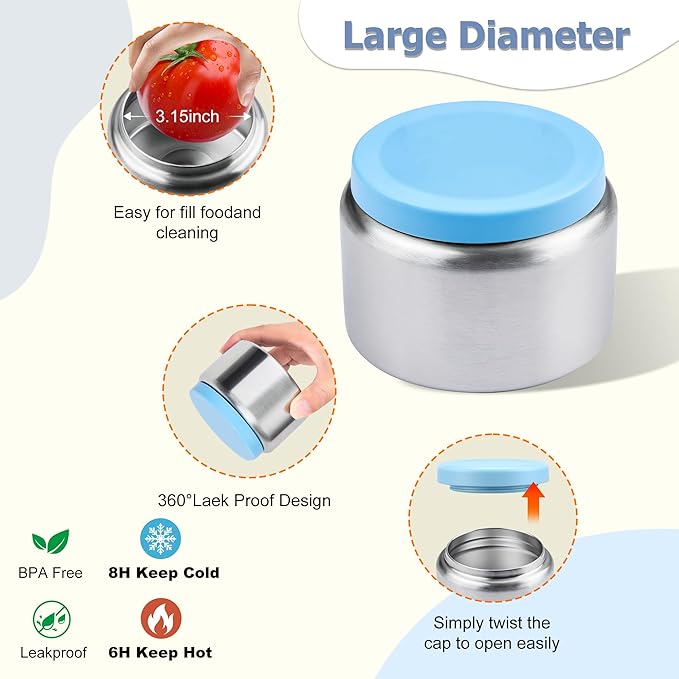 Bento Lunch Box for Kids with 8oz Soup Thermo, Leak-proof Lunch Food Containers with 5 Compartment, Insulated Lunch Bag & 17oz Stainless Steel Water Bottle for School, Trvael