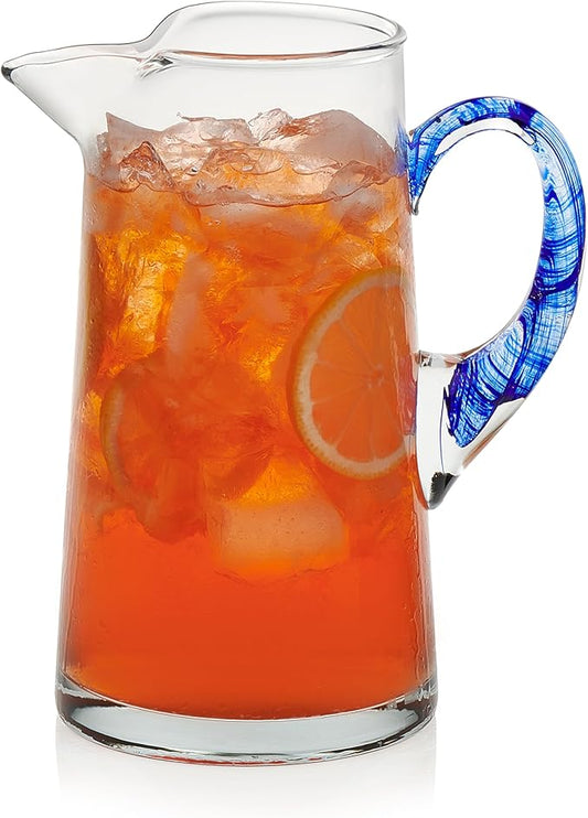 Libbey Cabos Large Glass Pitcher, 90 Oz Handcrafted Glass Water Pitcher with Spout and Blue Handle, Artisan-Inspired Water Carafe for Tables, Kitchen