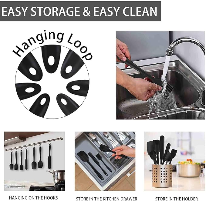 TeamFar Silicone Spatula, 7 PCS Rubber Spatulas Heat Resistant Kitchen Utensils Set for Baking Cooking Mixing, Fit Nonstick Cookware, Healthy & Non Toxic, Sturdy & One Piece, Dishwasher Safe - Black