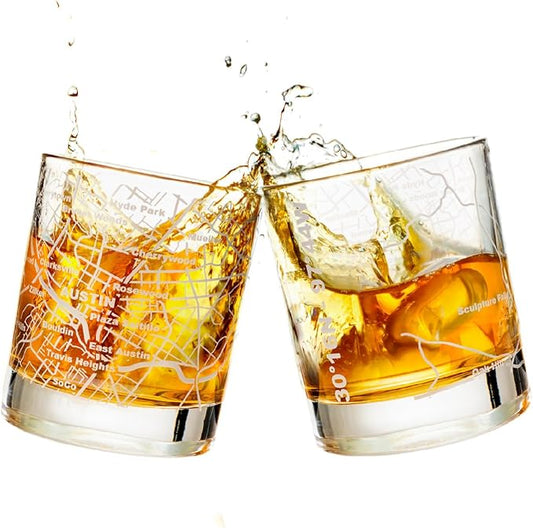 Greenline Goods Whiskey Glasses - 10 Oz Tumbler Gift Set for Austin lovers, Etched with Austin Map | Old Fashioned Rocks Glass - Set of 2