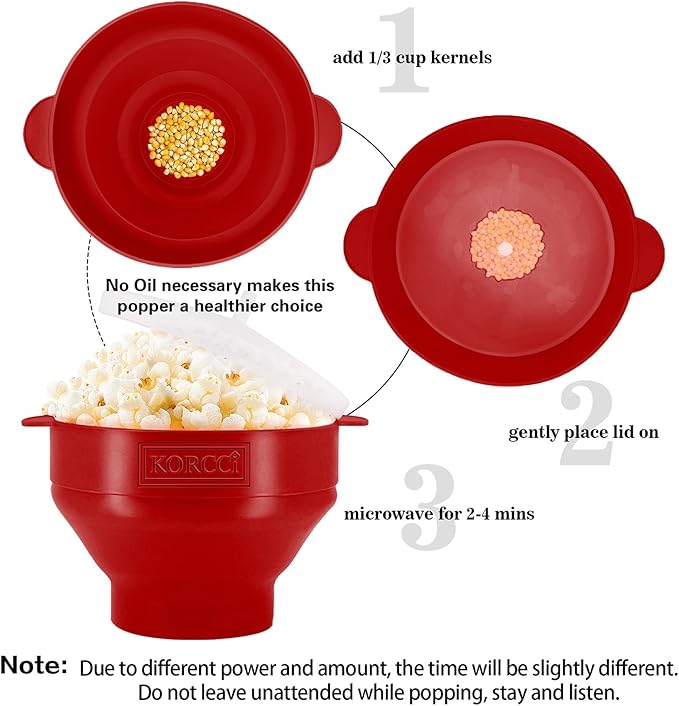The Original Korcci Microwaveable Silicone Popcorn Popper, Microwave Popcorn Popper, Collapsible Microwave Popcorn Maker Bowl, No Oil Needed, Use In Microwave, Dishwasher Safe (Cherry)