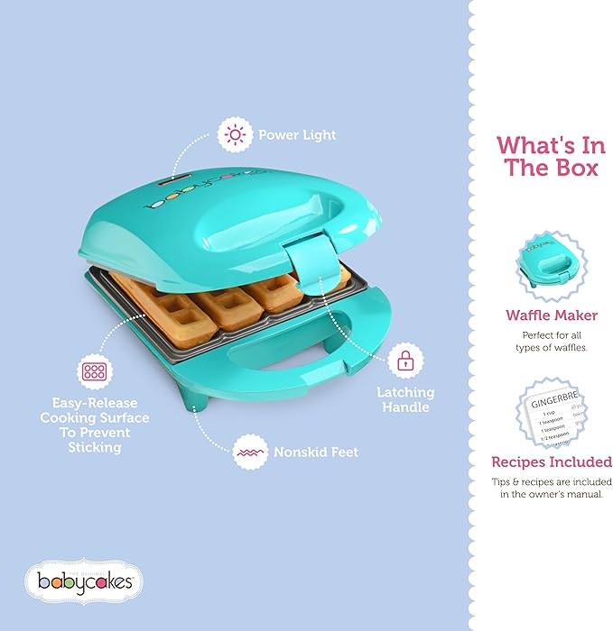 Babycakes Mini Waffle Stick Maker by Select Brands - Mini Waffle Stick Maker for Breakfast - Features Nonstick Coating & Non-Skid Feet - Kitchen Appliance - Makes 4