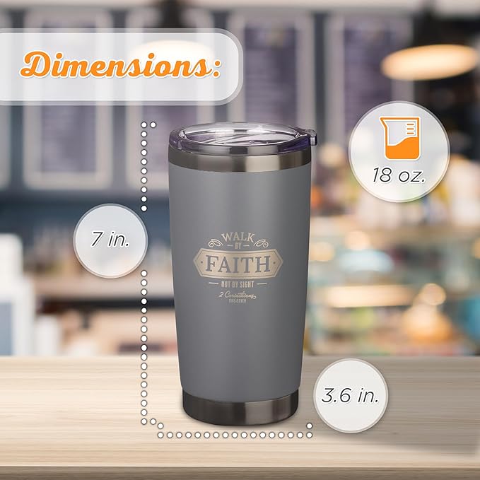Christian Art Gifts Stainless Steel Double Wall Vacuum Insulated Travel Mug 18 oz Gray Bible Verse Tumbler with Retractable Lid for Men & Women - Walk by Faith - 2 Corinthian 5:7