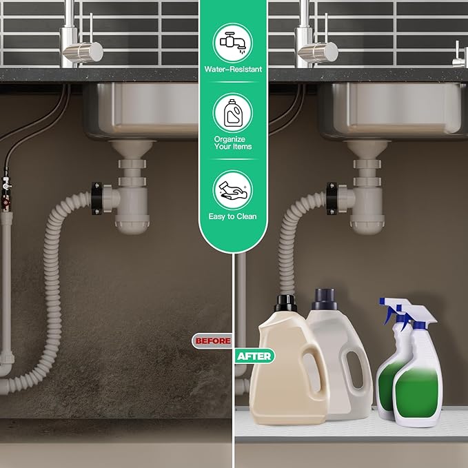 TRZZ Silicone Waterproof Under Sink Mat 34" x 22", Drip Tray and Cabinet Liner for Kitchen and Bathroom, Prevents Water Damage and Organizes Cabinets (Beige)