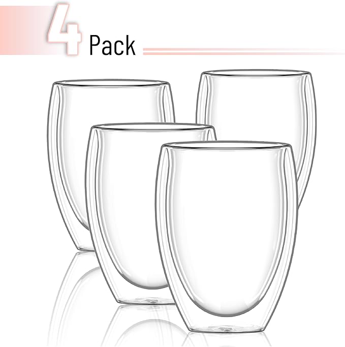 Brew To A Tea - WineGlass, 4 Pack, 12 oz (350 ml), Double Wall Stemless Wine Glass, Christmas Gifts