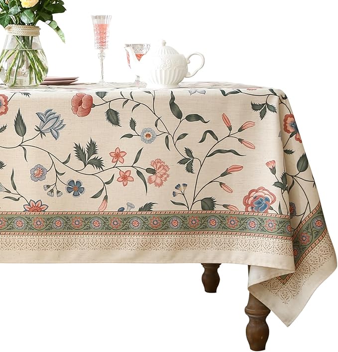 ISAENNE Designer Chinoiserie Linen Floral Table Cloth for Rectangle Table,White Wrinkle Resistant Tablecloth,Elegant Decor Tablecloths for Dining Thanksgiving Kitchen Party,55"*79"-Daffy