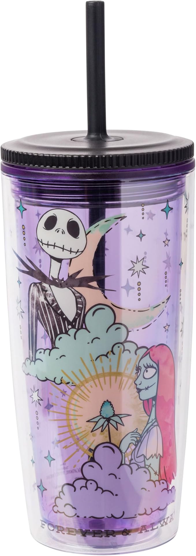Silver Buffalo Disney Nightmare Before Christmas “Forever and Always” Spill Resistant Plastic Tumbler Featuring Jack Skellington and Sally, 20 Ounces