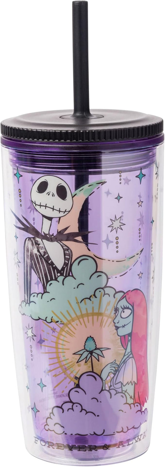 Silver Buffalo Disney Nightmare Before Christmas “Forever and Always” Spill Resistant Plastic Tumbler Featuring Jack Skellington and Sally, 20 Ounces