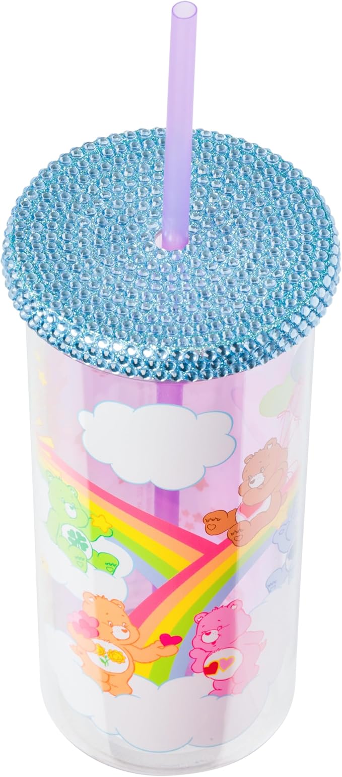 Silver Buffalo Care Bears Plastic Cold Cup with Rhinestone Lid and Straw Featuring Good Luck Bear, Love-a-Lot Bear, Friendship Bear, Tenderheart Bear, and Grumpy Bear, 20 Ounces