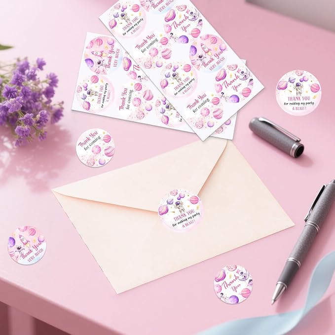 Serencatcher 80pcs Pink Space Thank You Stickers, Outer Space Party Decorations - Image 3