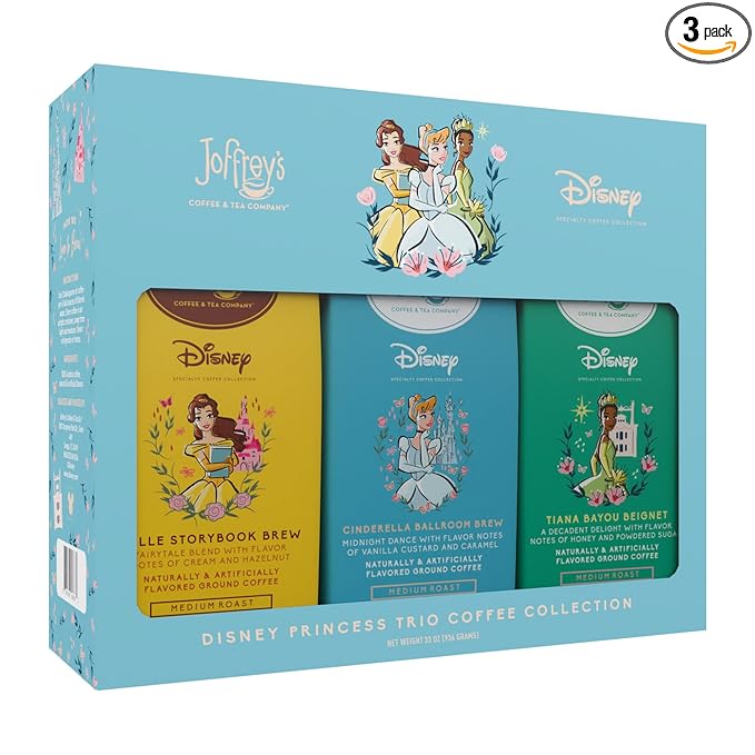 Joffrey's Coffee - Disney Princess Trio Coffee Collection, Disney Specialty, Flavored, Arabica Ground, Artisan Medium Roast, Brew or French Press (Ground, 11oz, 3-pack)