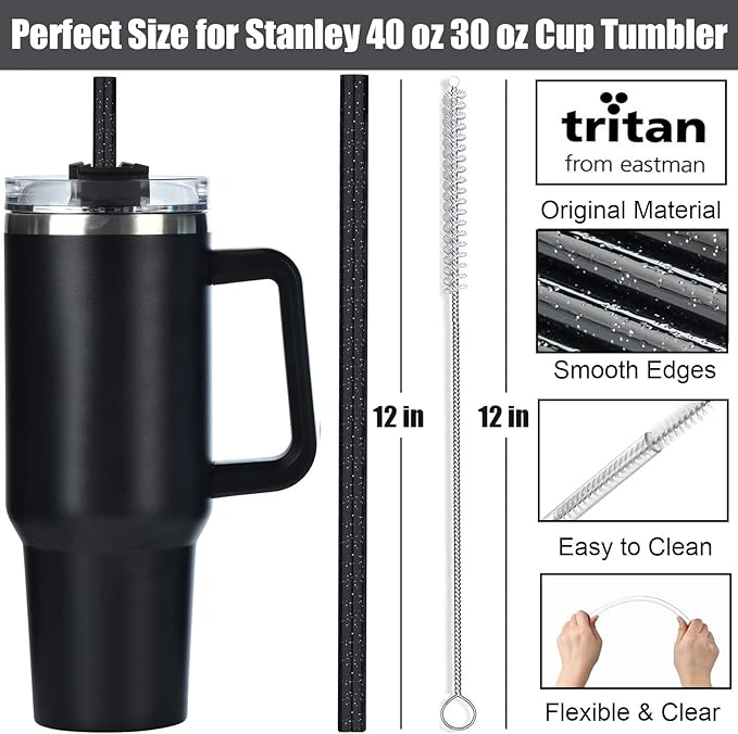 ALINK 10 Pack Black Replacement Straws for Stanley 40 oz 30 oz Tumbler, 12 in Long Reusable Plastic Glitter Straws for Stanley Cup Accessories, Half Gallon Jug, Plus 2 Cleaning Brush