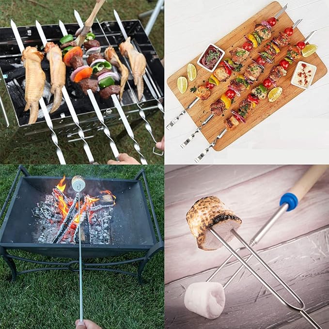 Marshmallow Roasting Sticks 8Pcs Extendable 32inch Long Metal Barbecue Skewers For Grilling Set,Telescoping Smores BBQ Forks, Fire Pit Sticks for Hot Dogs,Camping,Bonfire