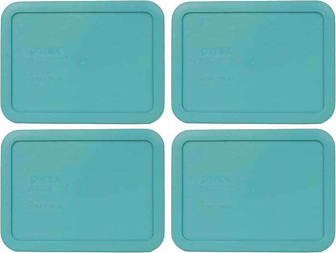 Pyrex 7210-PC 3-Cup Turquoise Rectangle Plastic Food Storage Lid, Made in the USA - 4 Pack