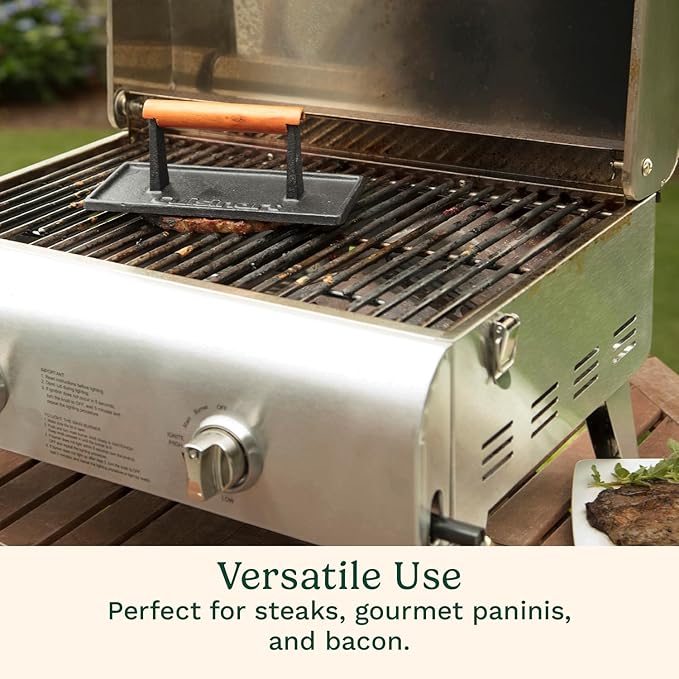 Cuisinart Cast Iron Grill Press with Wooden Handle, Heavy Duty Nonstick Rectangle Burger Press with Wood Handle, Perfect Grill Accessory for Steak, Bacon, Paninis and More