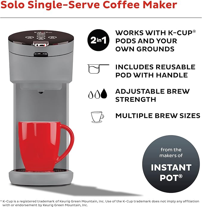 Instant Pot Single Serve K-Cup Pod Compatible Coffee Maker with Reusable Pod & Bold Setting, 8-12oz, 40oz Reservoir, Grey