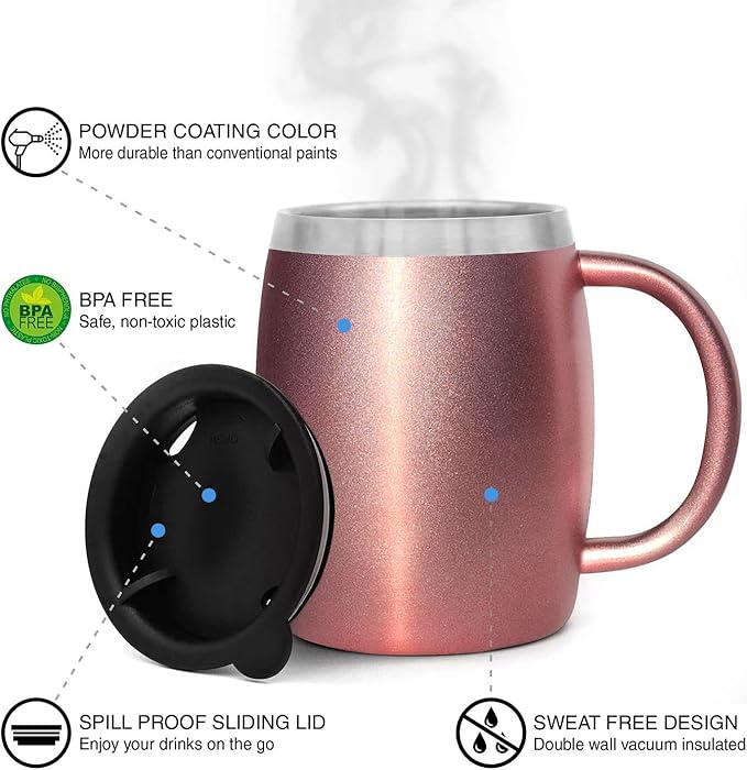 Stainless Steel Insulated Coffee Mugs Set of 2 (14 oz) – Double Wall Coffee Cups with Spill-Resistant Lid and Strong Handle, Shatterproof Cups for Cold Drinks & Hot Beverages - Rose Gold